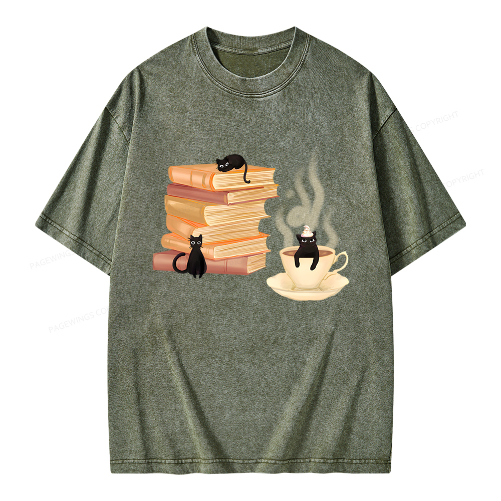 Pagewings Coffee Cats and Books Unisex Washed T-shirt