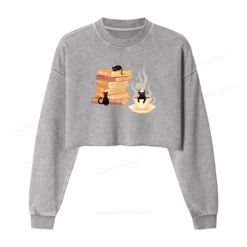Pagewings Coffee Cats and Books Women Washed Crop Sweatshirt