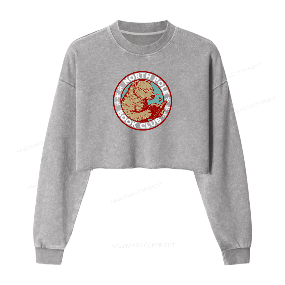 Pagewings North Pole Book Club Women Washed Crop Sweatshirt