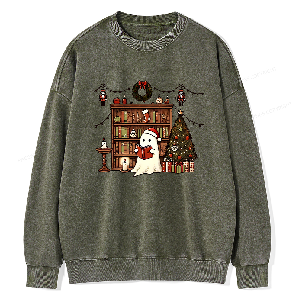 Pagewings Christmas Ghost Book Unisex Washed Sweatshirt