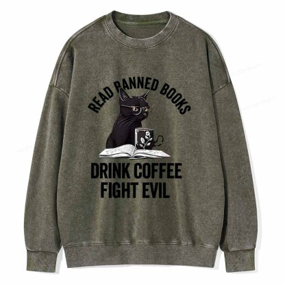 Pagewings Read Books Drink Coffee Fight Evil Shirt Unisex Washed Sweatshirt