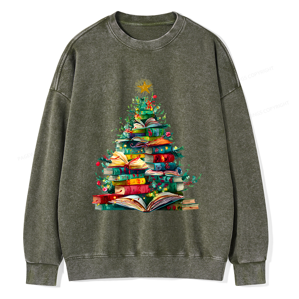 Pagewings Christmas Book Tree Unisex Washed Sweatshirt