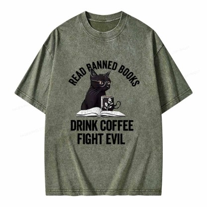 Pagewings Read Books Drink Coffee Fight Evil Shirt Unisex Washed T-shirt