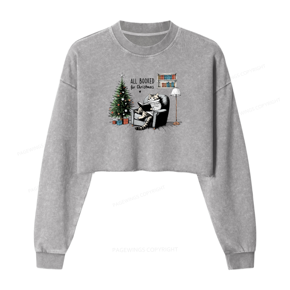 Pagewings All Booked for Christmas Women Washed Crop Sweatshirt