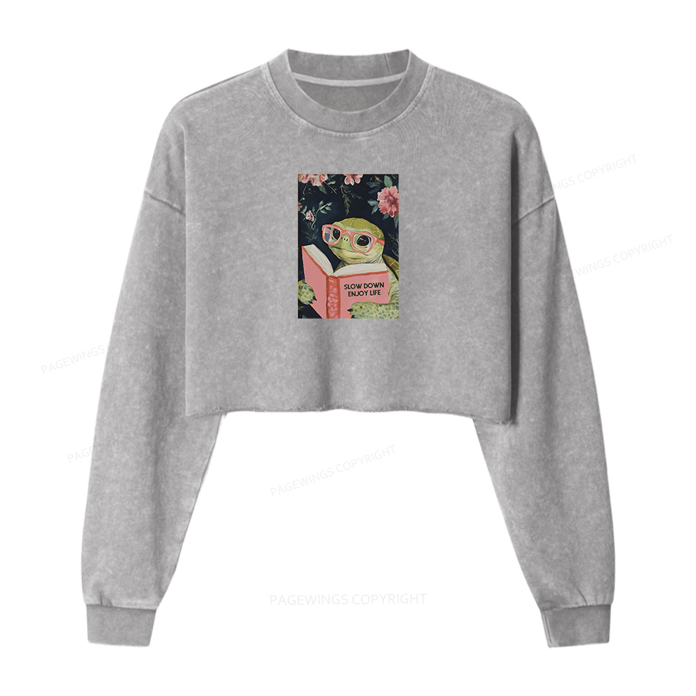 Pagewings Sea Turtle Women Washed Crop Sweatshirt