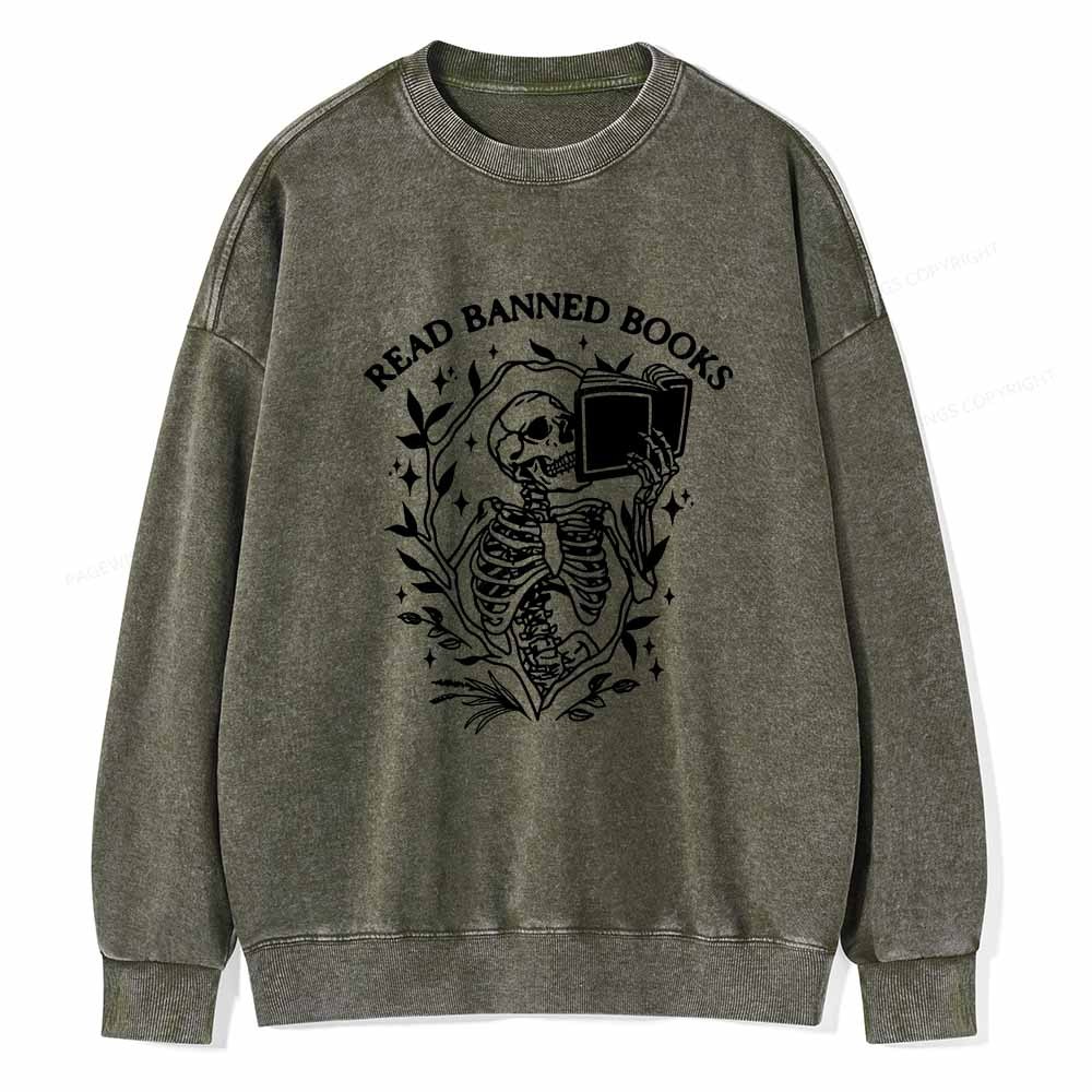 Pagewings Read Banned Books Skeleton Halloween Goth Protest T-Shirt Unisex Washed Sweatshirt