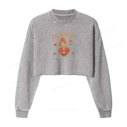 Pagewings Vintage Fire-heart  Women Washed Crop Sweatshirt