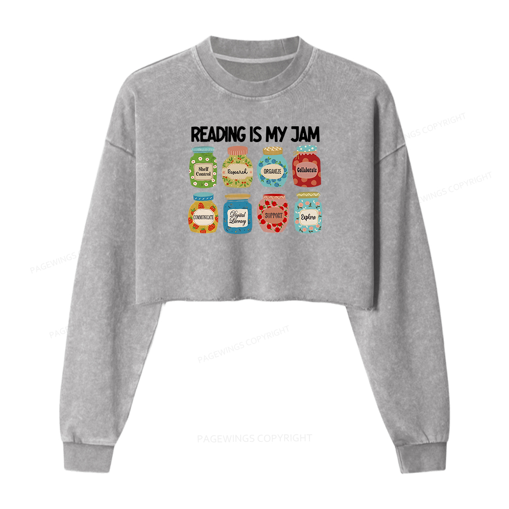 Pagewings Reading is My Jam Bookworm Women Washed Crop Sweatshirt