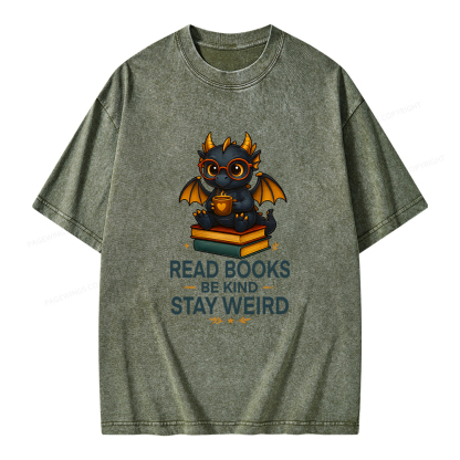 Pagewings Funny Dragon Read Books Be Kind Stay Weird Unisex Washed T-shirt