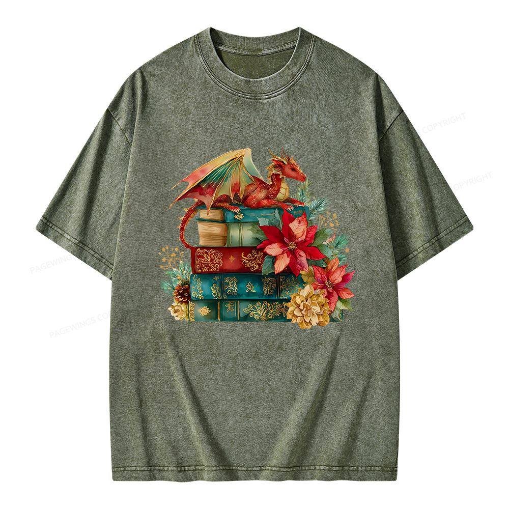 Pagewings Christmas Book Dragon Unisex Washed T-shirt