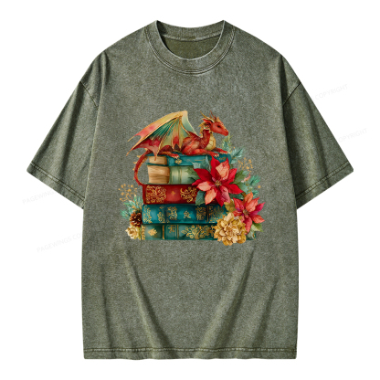 Pagewings Christmas Book Dragon Unisex Washed T-shirt