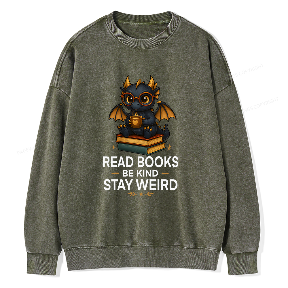 Pagewings Funny Dragon Read Books Be Kind Stay Weird Unisex Washed Sweatshirt