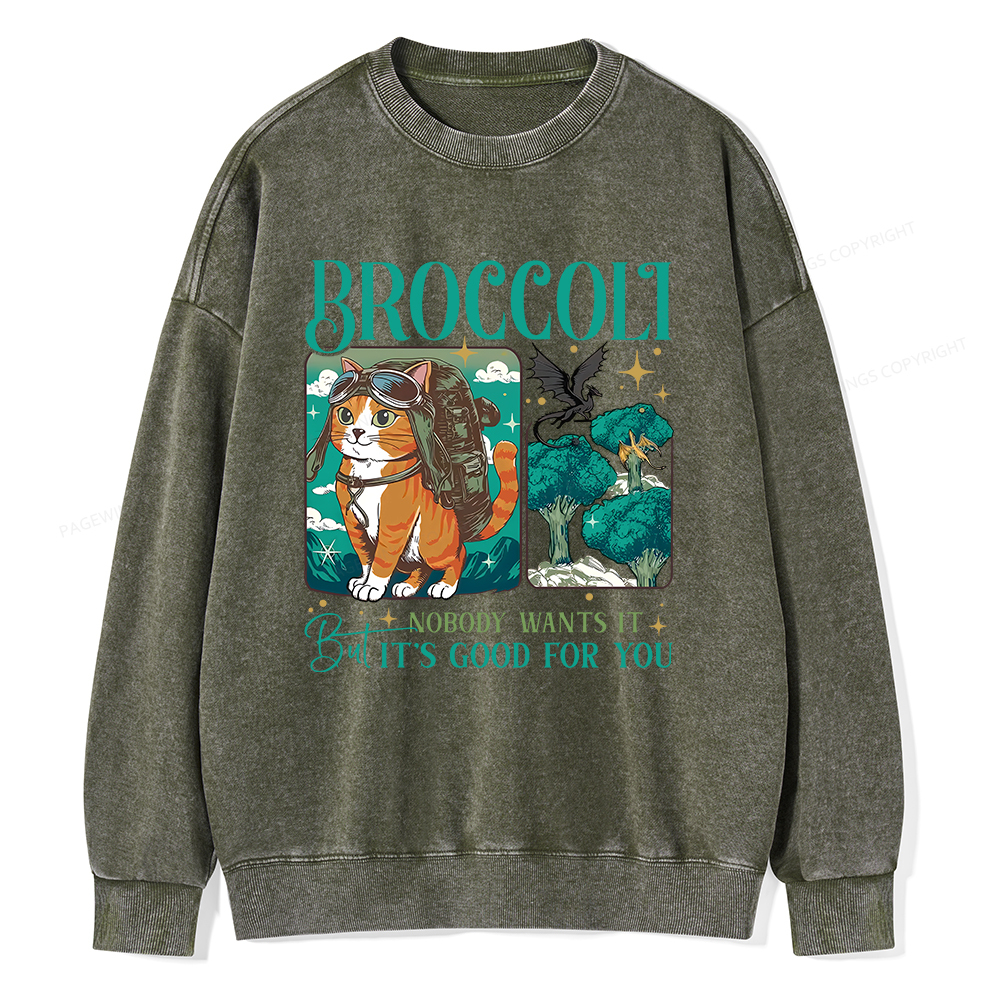 Pagewings Onyx Storm Broccoli Cat Unisex Washed Sweatshirt