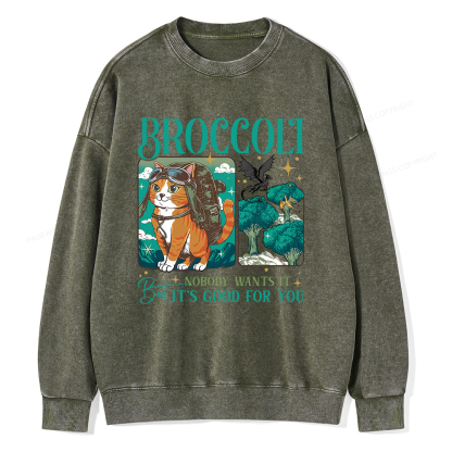 Pagewings Onyx Storm Broccoli Cat Unisex Washed Sweatshirt