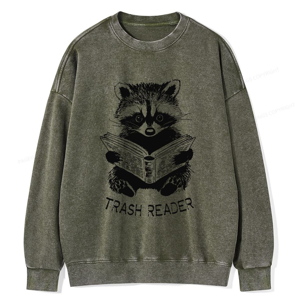 Pagewings Raccoon Reading Trash Reader Unisex Washed Sweatshirt
