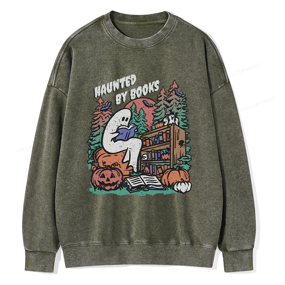 Pagewings Ghost Reading Book Halloween Unisex Washed Sweatshirt