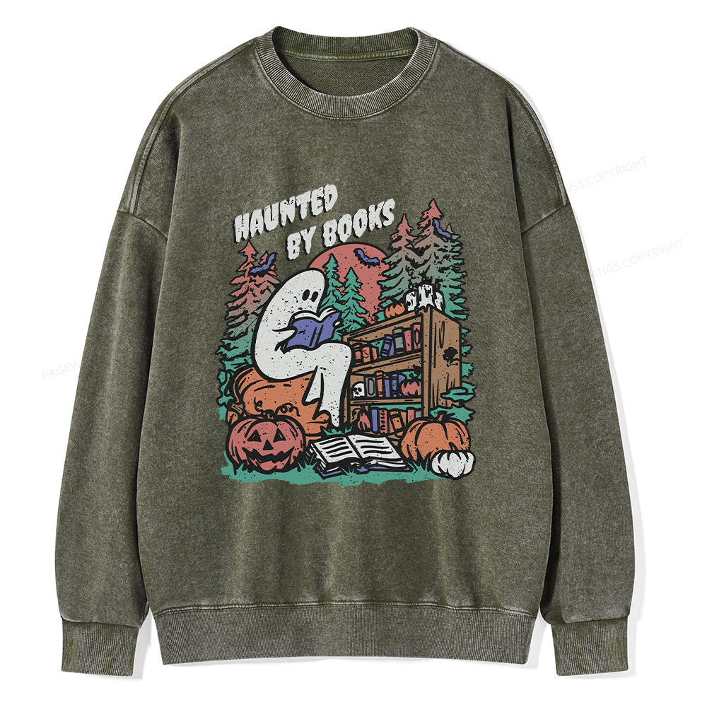 Pagewings Ghost Reading Book Halloween Unisex Washed Sweatshirt