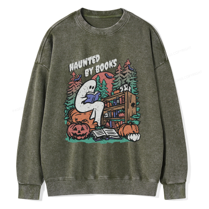 Pagewings Ghost Reading Book Halloween Unisex Washed Sweatshirt
