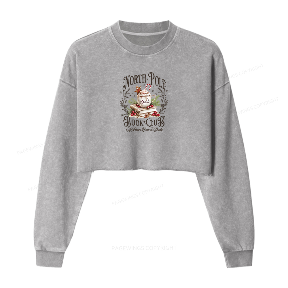 Pagewings Funny North Pole Book Club Women Washed Crop Sweatshirt