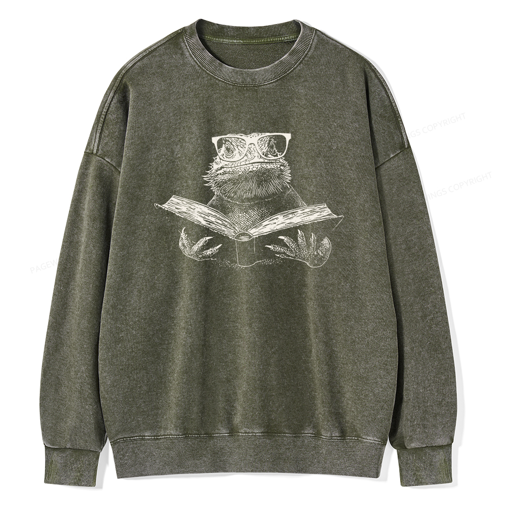 Pagewings Bearded Dragon Reading Unisex Washed Sweatshirt