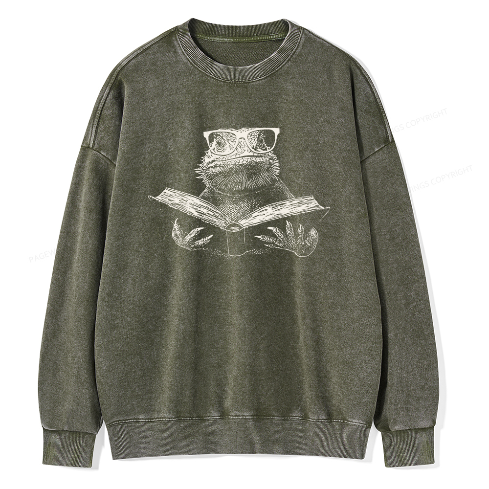 Pagewings Bearded Dragon Reading Unisex Washed Sweatshirt