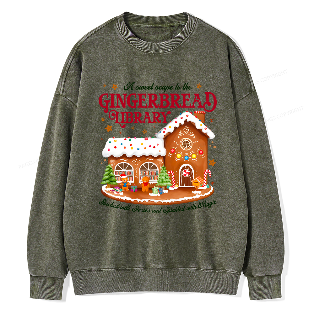 Pagewings Gingerbread Library Christmas Unisex Washed Sweatshirt