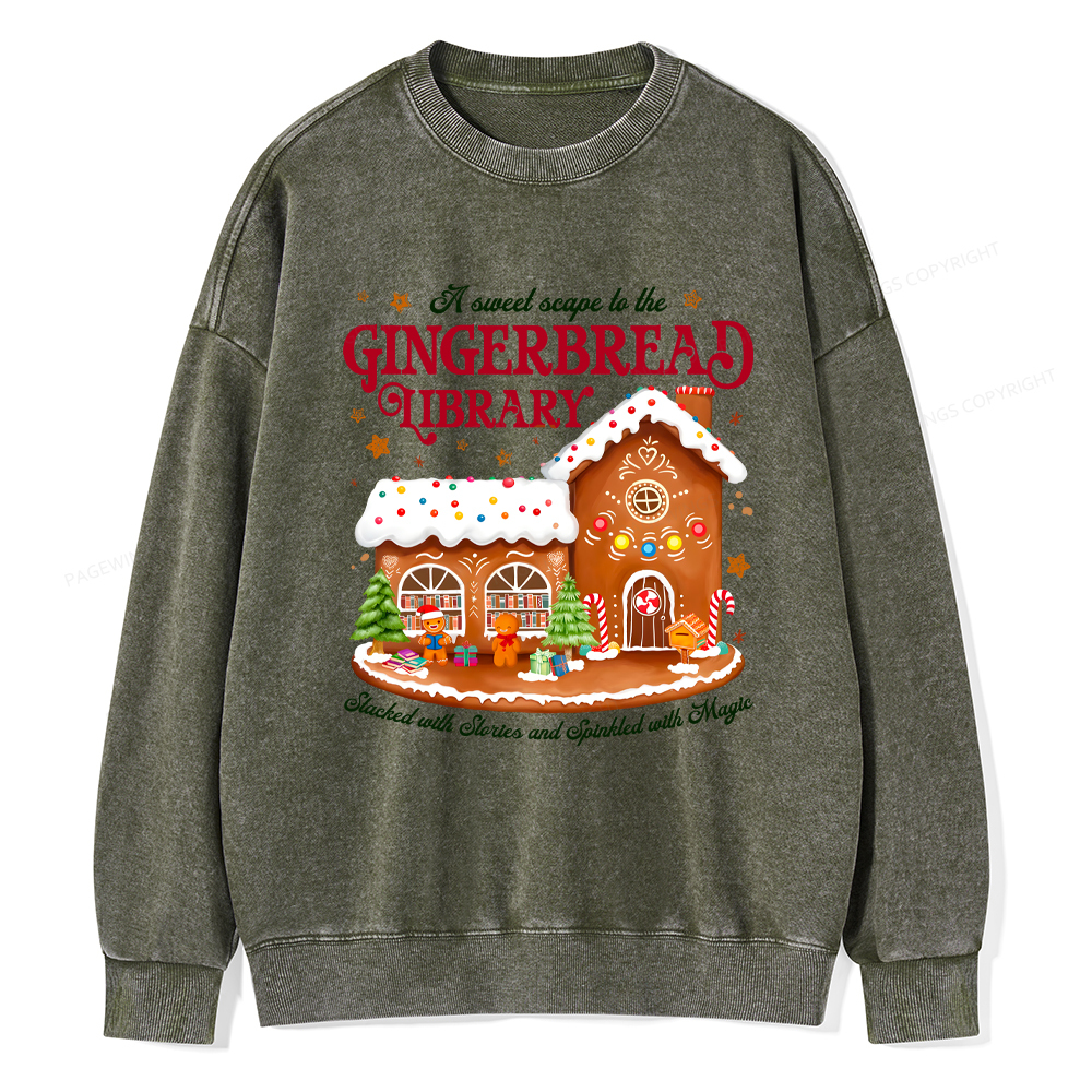 Pagewings Gingerbread Library Christmas Unisex Washed Sweatshirt