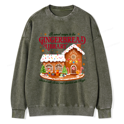 Pagewings Gingerbread Library Christmas Unisex Washed Sweatshirt