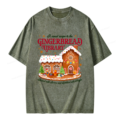 Pagewings Gingerbread Library Christmas Unisex Washed T-shirt