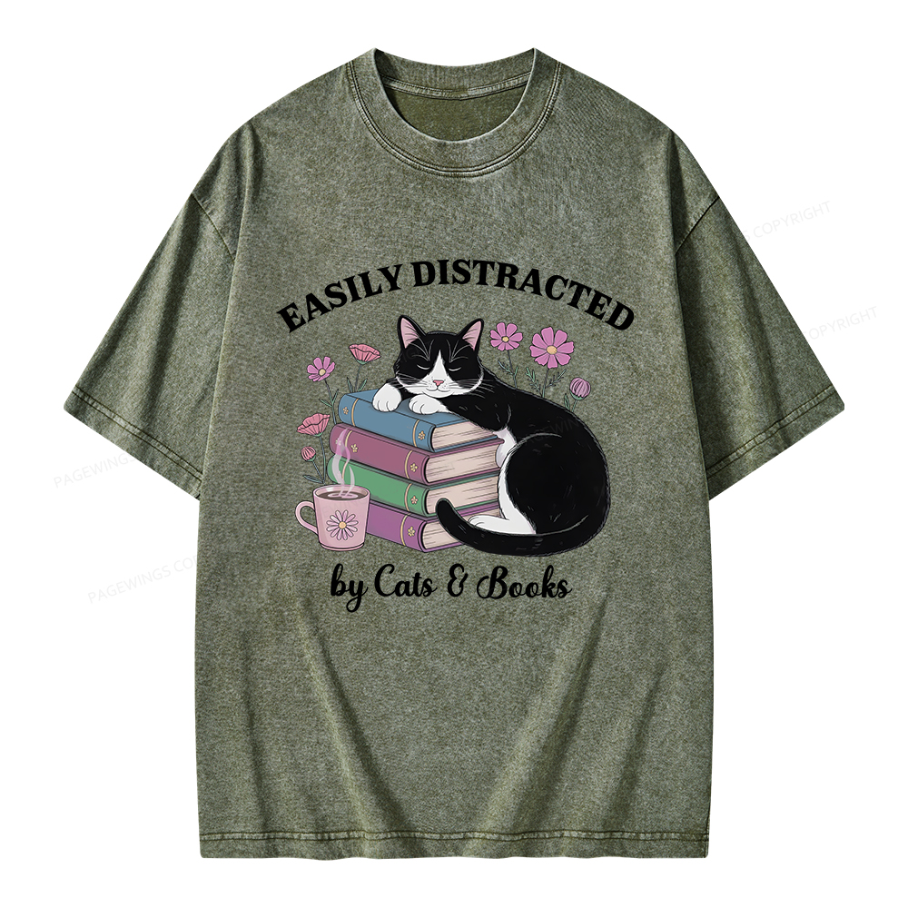 Pagewings Easily Distracted By Cats & Books Unisex Washed T-shirt