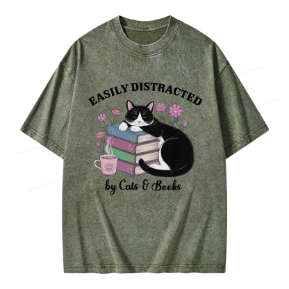 Pagewings Easily Distracted By Cats & Books Unisex Washed T-shirt