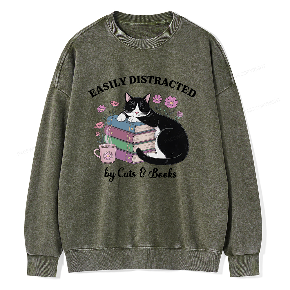 Pagewings Easily Distracted By Cats & Books Unisex Washed Sweatshirt