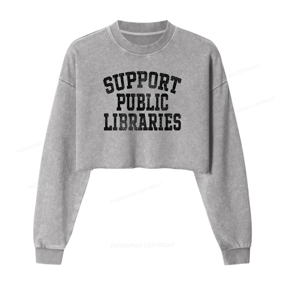 Pagewings Support Public Libraries Women Washed Crop Sweatshirt