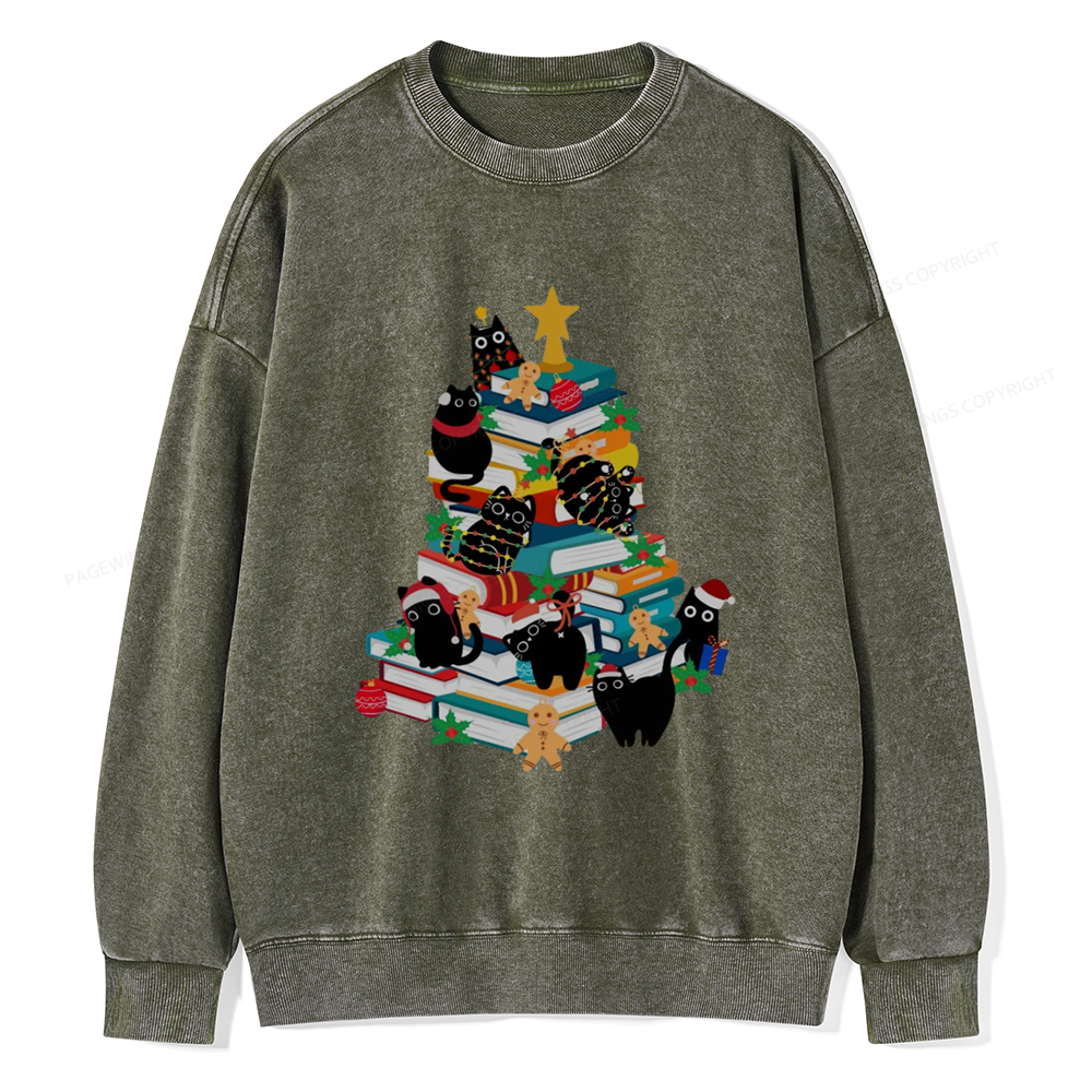 Pagewings Cute Cats Books Christmas Tree Unisex Washed Sweatshirt