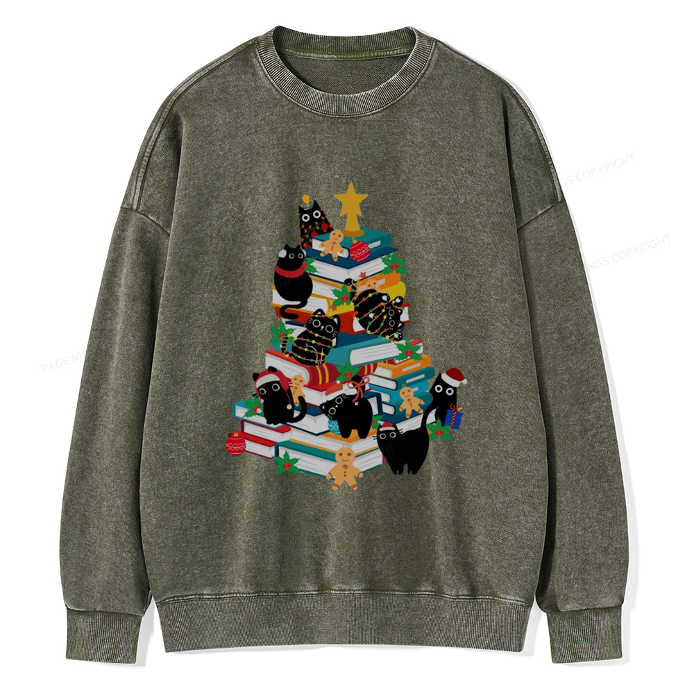 Pagewings Cute Cats Books Christmas Tree Unisex Washed Sweatshirt