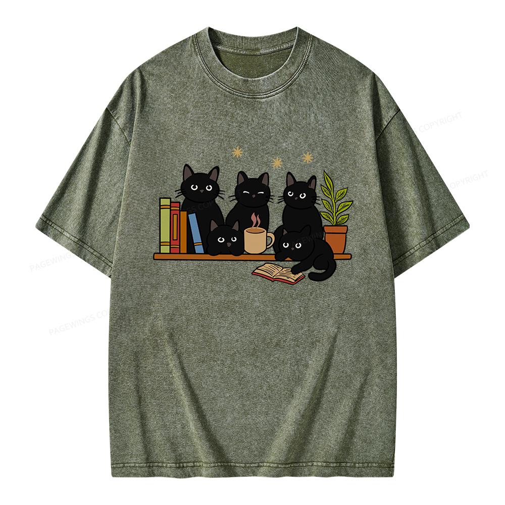 Pagewings Cat On Bookshelf Unisex Washed T-shirt