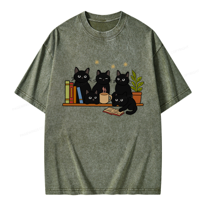 Pagewings Cat On Bookshelf Unisex Washed T-shirt