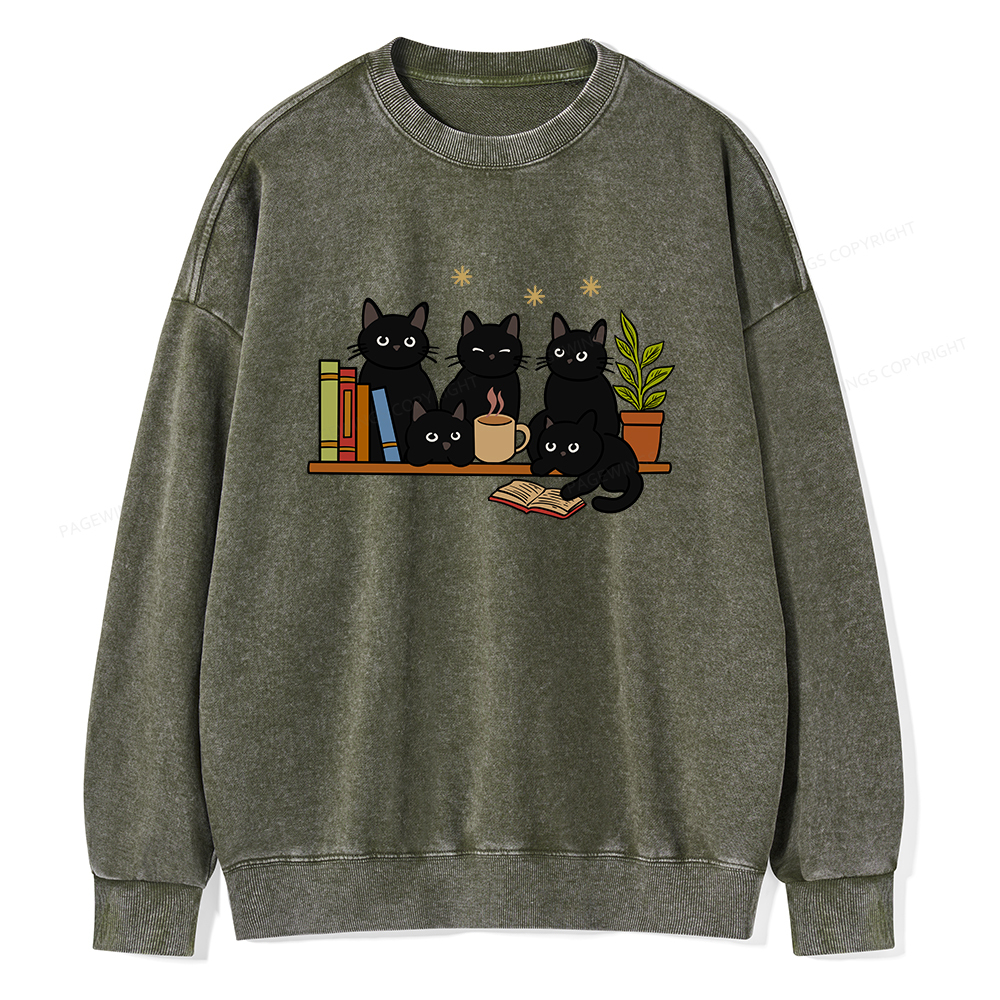 Pagewings Cat On Bookshelf Unisex Washed Sweatshirt
