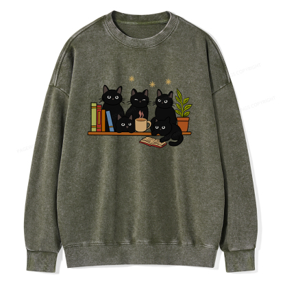 Pagewings Cat On Bookshelf Unisex Washed Sweatshirt
