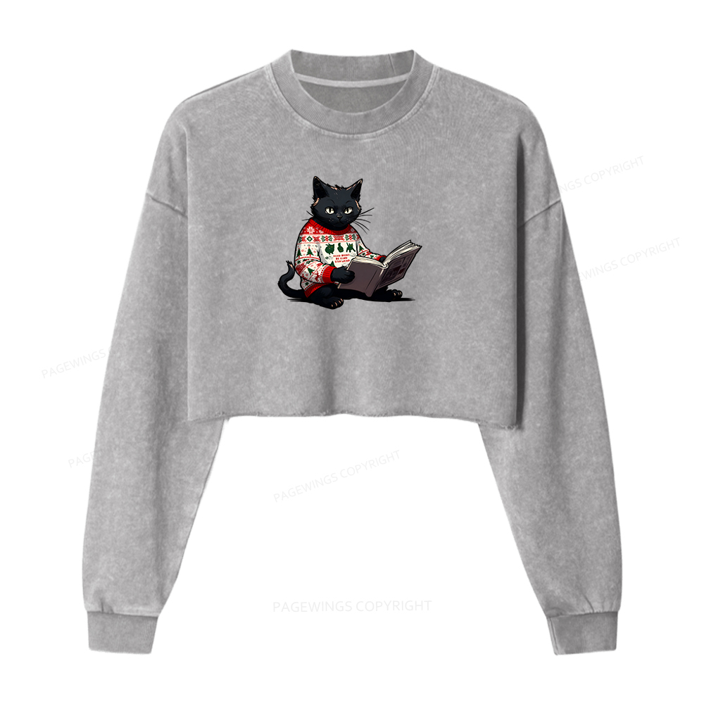 Pagewings Just a Cat Who Loves Reading Women Washed Crop Sweatshirt