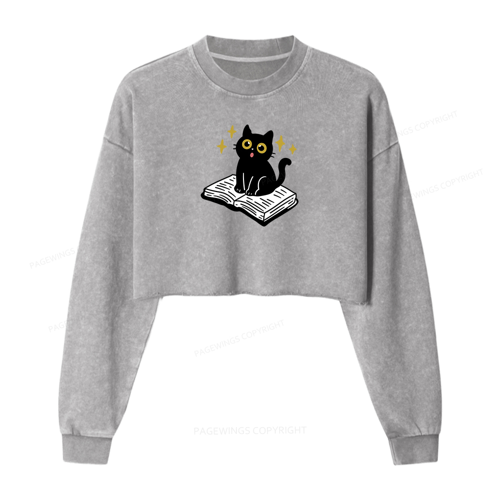 Pagewings Cat Book Women Washed Crop Sweatshirt