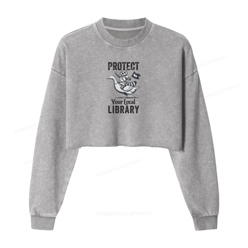 Pagewings Protect Your Local Library Women Washed Crop Sweatshirt