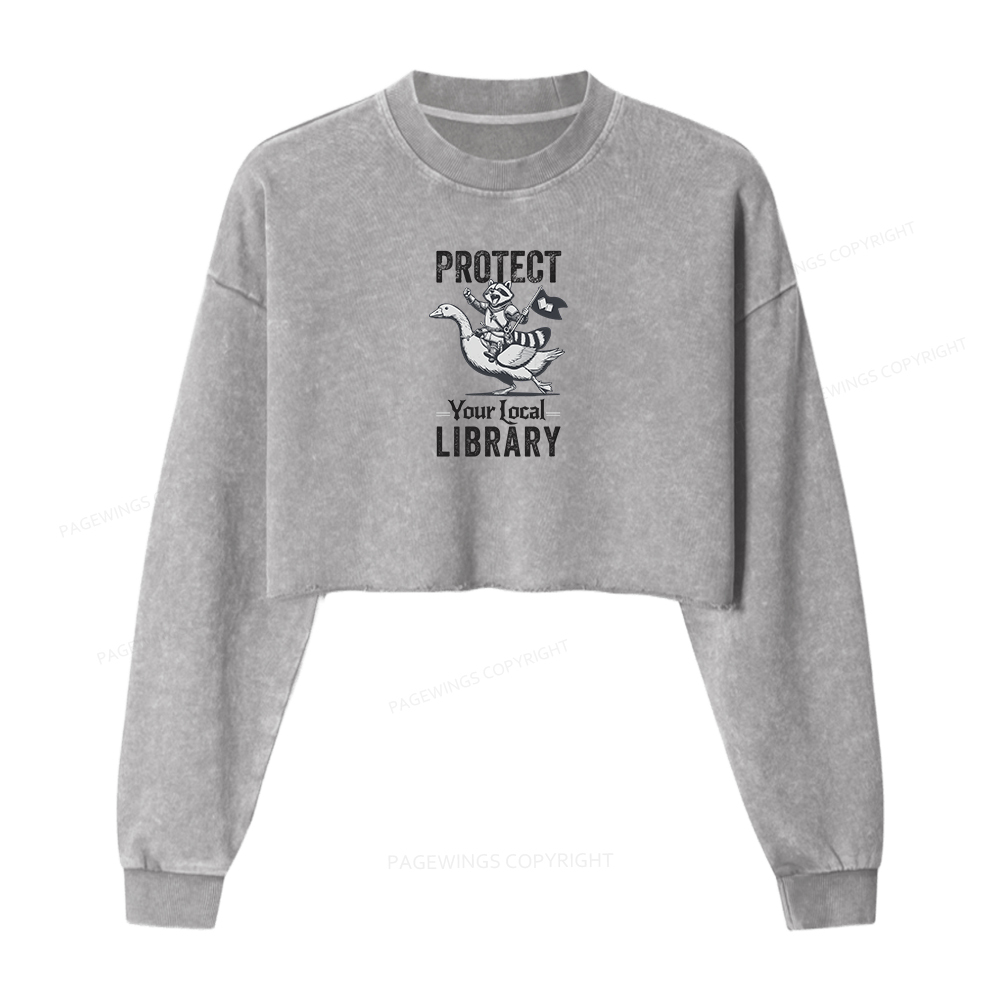 Pagewings Protect Your Local Library Women Washed Crop Sweatshirt