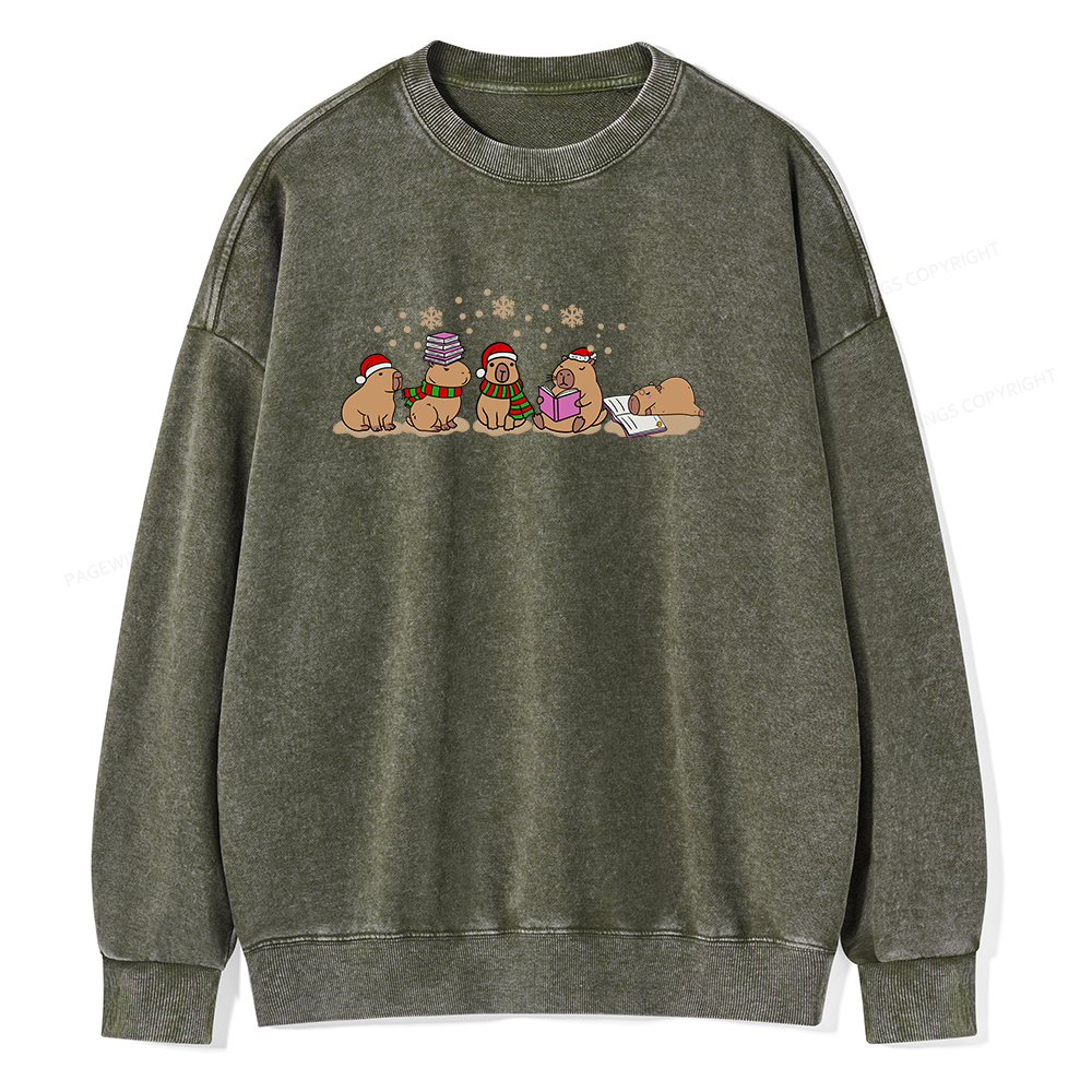 Pagewings Capybara Christmas Reading Unisex Washed Sweatshirt