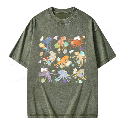 Pagewings Reading Octopuses Unisex Washed T-shirt