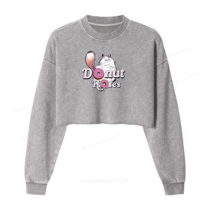 Pagewings Donut Cat Bookish Women Washed Crop Sweatshirt