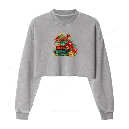 Pagewings Christmas Book Dragon Women Washed Crop Sweatshirt