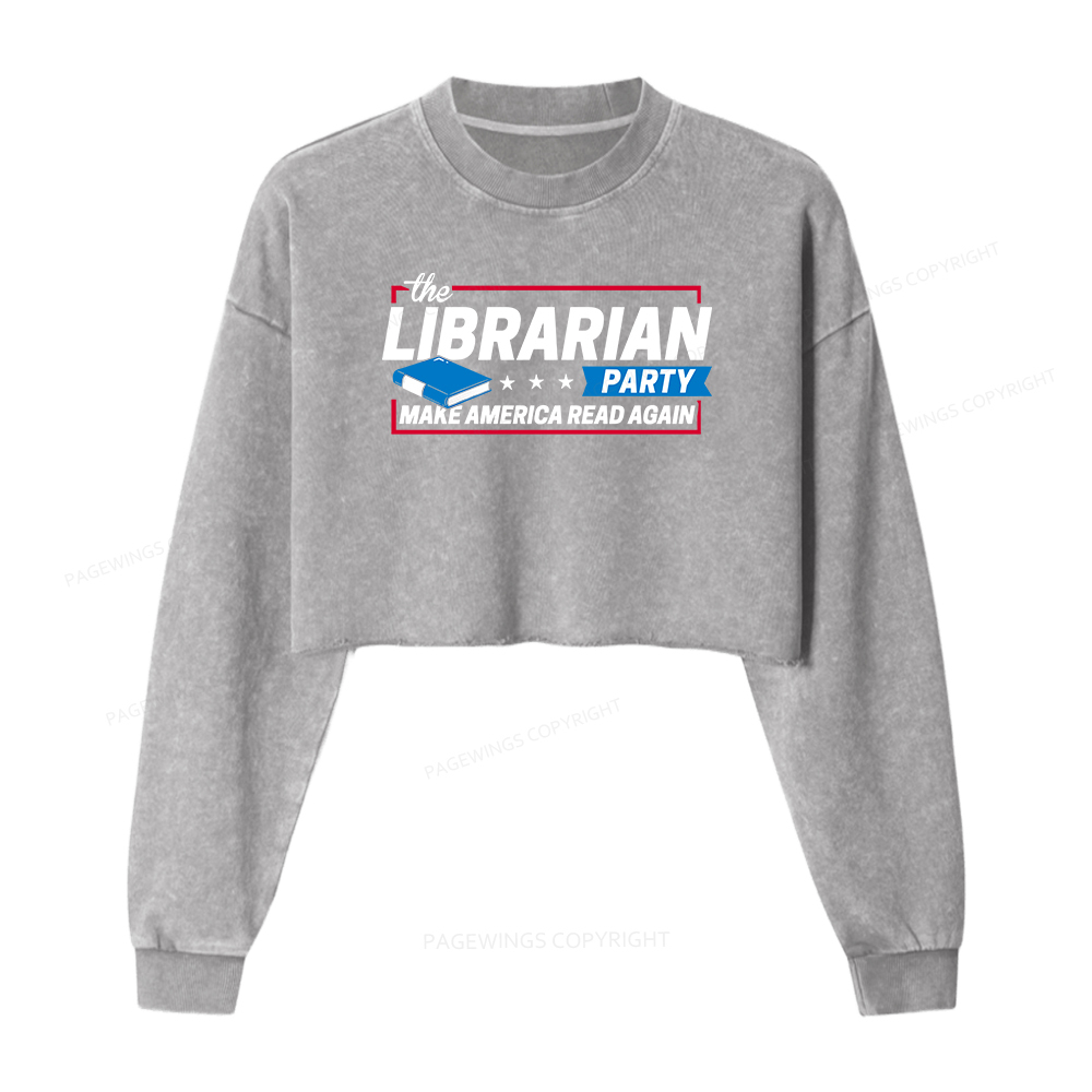 Pagewings The Librarian Party Women Washed Crop Sweatshirt