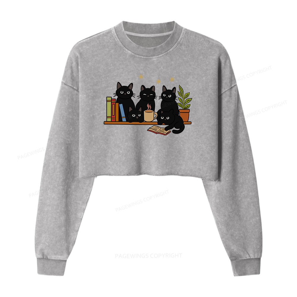 Pagewings Cat On Bookshelf Women Washed Crop Sweatshirt