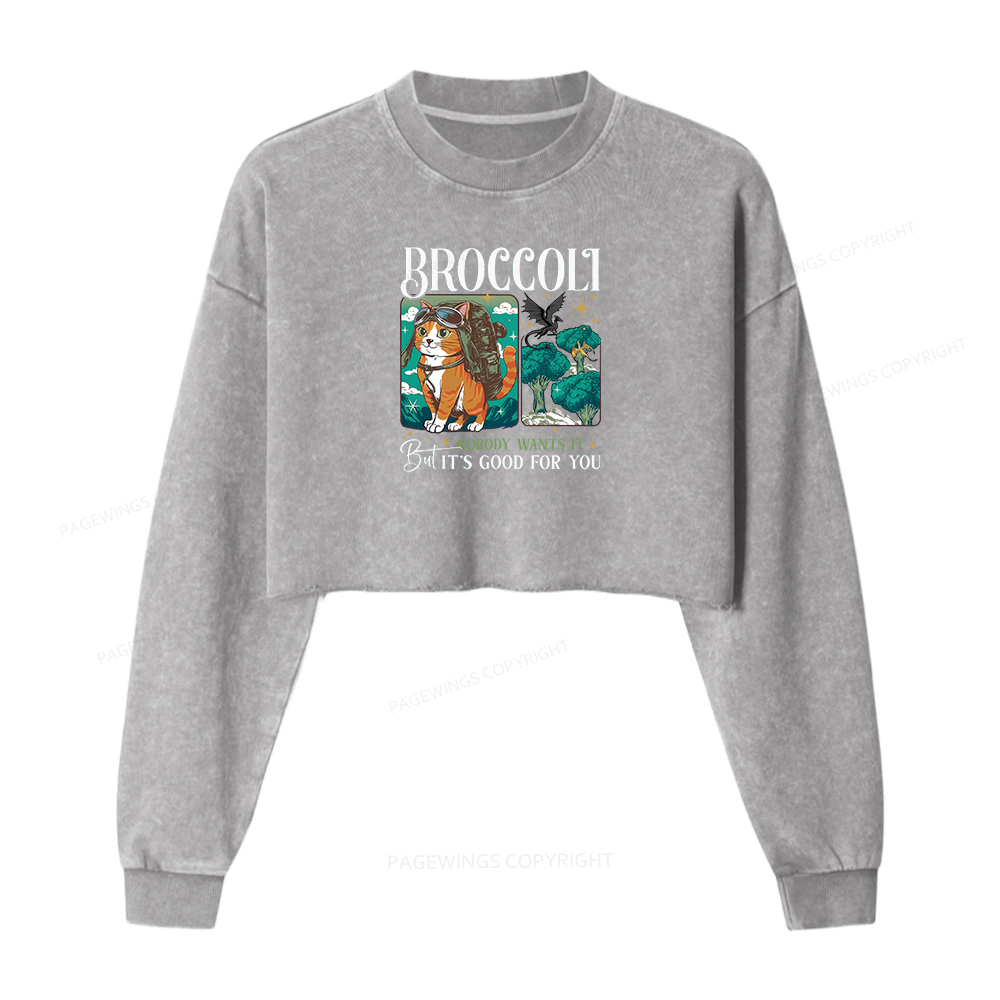 Pagewings Onyx Storm Broccoli Cat Women Washed Crop Sweatshirt
